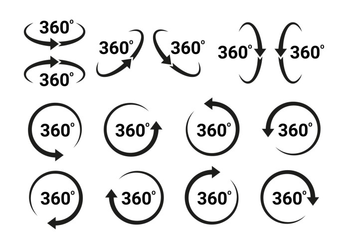 360 degrees arrow, rotate around set icon. Circle signs vertical ... 360-degree parking camera